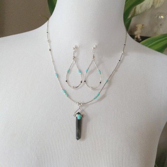Liquid Sterling Silver Black Obsidian ~ Turquoise Ensemble - Picture 7 of 13